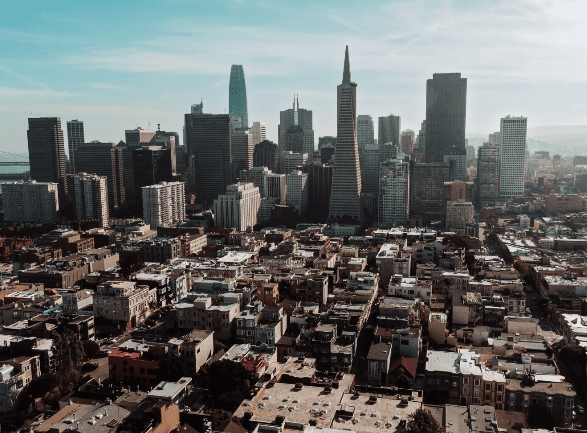 SF landscape of buildings from above.